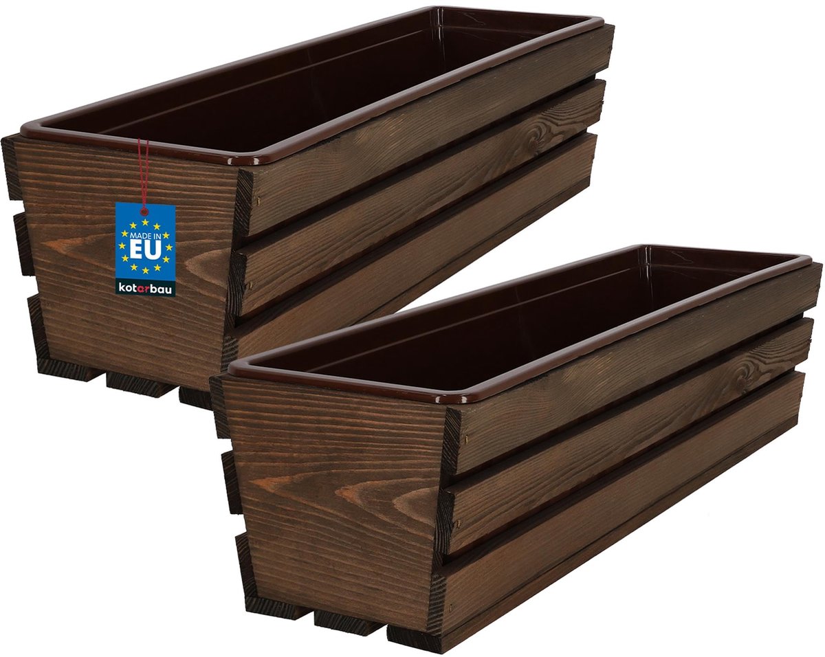 KOTARBAU® 2 Stuks - Houten Plantenbak - Bloembak Hout - met Kunststof Inzetstuk - Balkonbak - 60 x 18 x 15 cm - Bruin - voor Terras - Balkon - Deko Planten