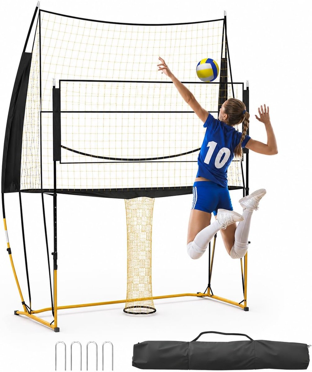 Danky Verstelbaar volleybalnet 243 x 107 x 335 cm, ijzeren en PE trainingsnet 8*11, rood en zwart, in hoogte verstelbaar, draagbaar met draagtas, stevig frame voor gebruik binnenshuis