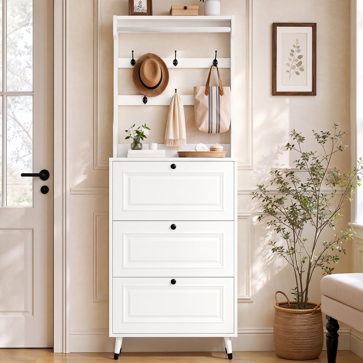 VVBV Halmeubel - 66 x 17 x 180 cm, Wit, Kledingroede, Schoenenopberging, voor Hal en Entree