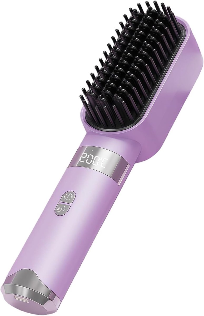 Draadloze stijltangborstel, mini-stijltang met 3 temperatuurstanden, draagbare stijltangborstel met MCH-verwarming en ionische & keramische verzorging voor vrouwen, stylingtool voor op reis (paars)