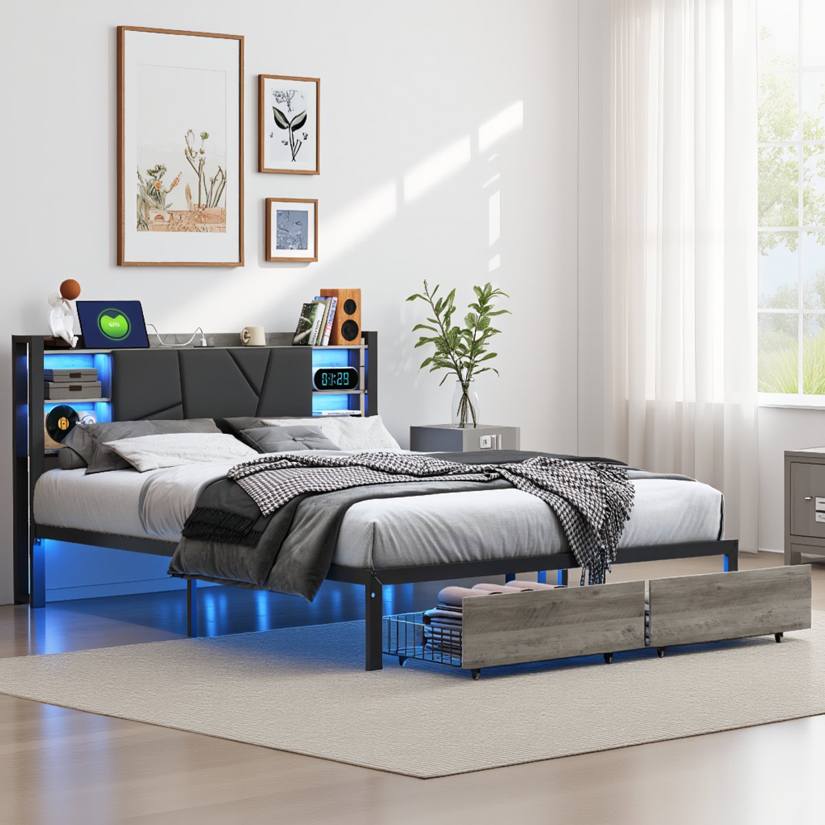 Tweepersoonsbed 140x200 cm met LED verlichting, zwart metalen bedframe met PU hoofdbord, 2 lades, opbergruimte en stopcontact, zonder matras