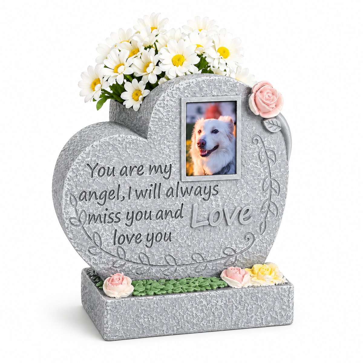Gloovon® Gedenksteen Hond & Kat - Hartvormig Herdenkingsornament - Met Fotolijst & Bloemenhouder - Steenlook