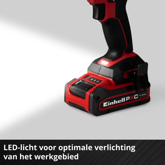 Het LED-licht van de rode en zwarte boormachine verlicht het werkgebied.