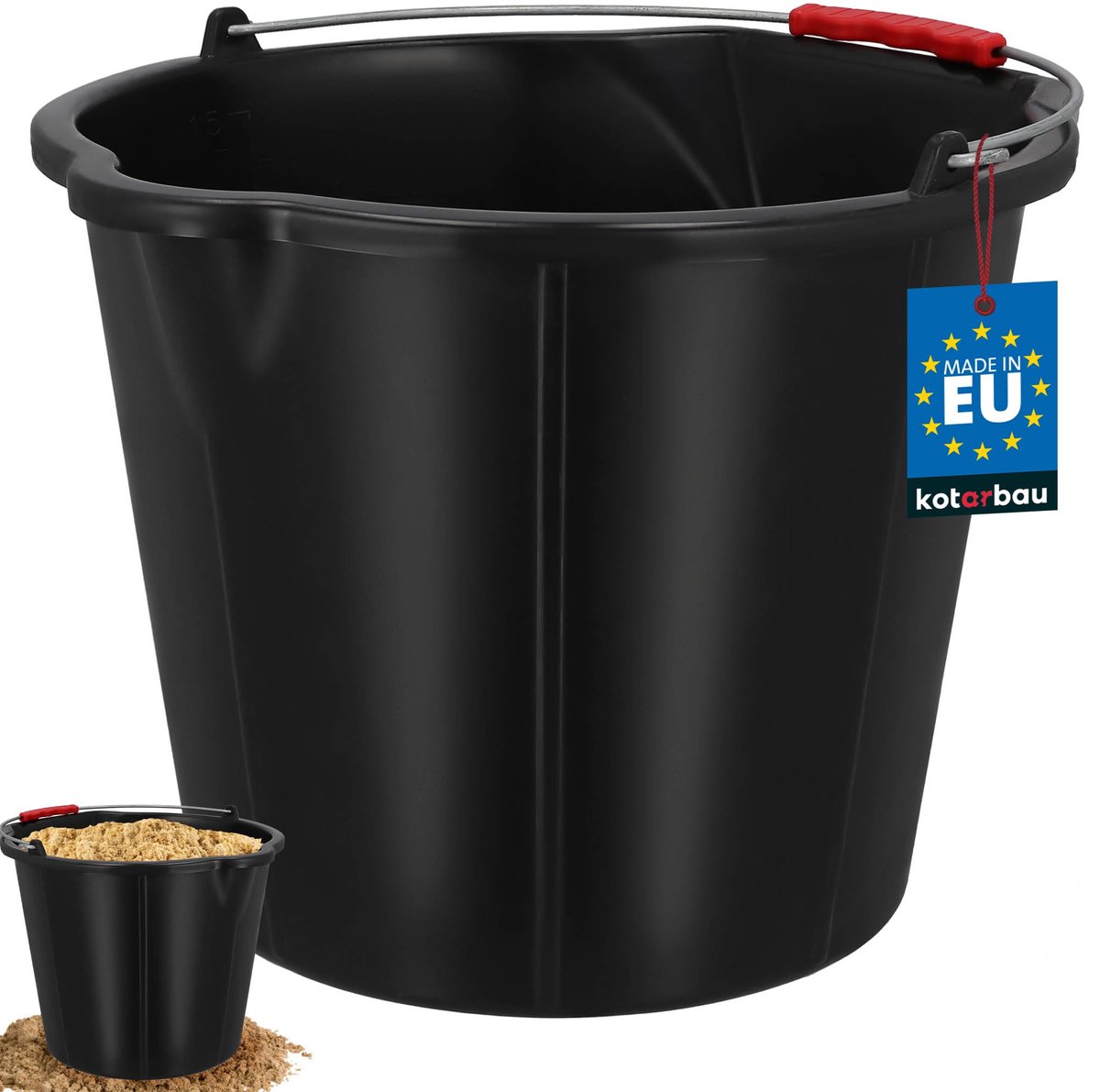 KOTARBAU® Bouwemmer 15 L - Mortelemmer - Emmer met Schenktuit - HDPE - Emmer met Schaalverdeling - en Handvat - Cementemmer - Betonemmer - Zwart