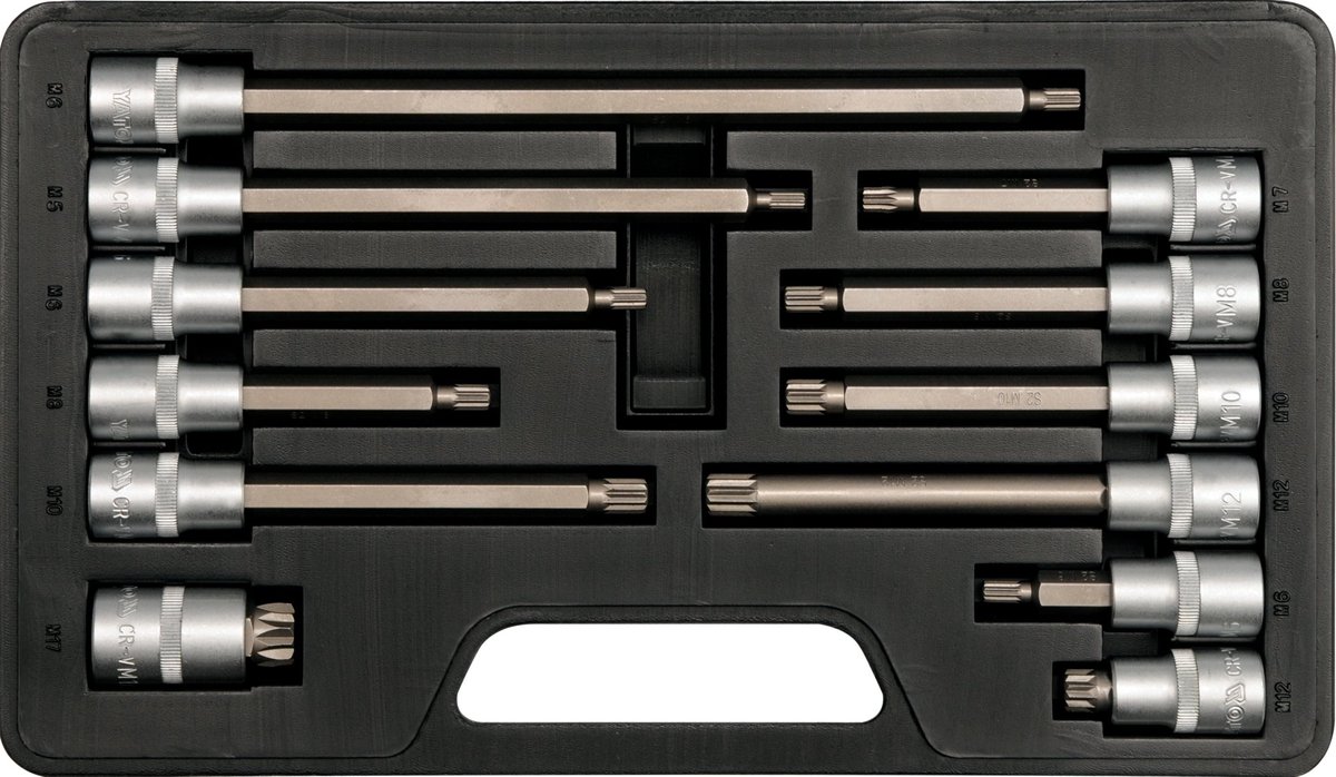 YATO Professionele Spline Bit-Doppenset – 12-Delig – Veeltand (M5 – M17) – Lengtes tot 250 mm