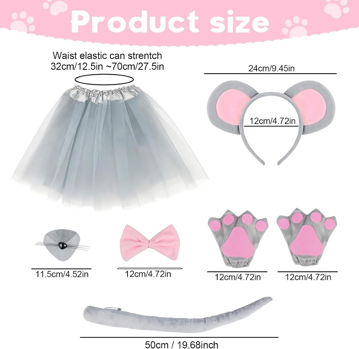 Carnavalskostuum voor Kinderen met Hoofdband, Neus, Strik, Staart, Handschoenen en Tutu voor Cosplay en Halloween Feesten