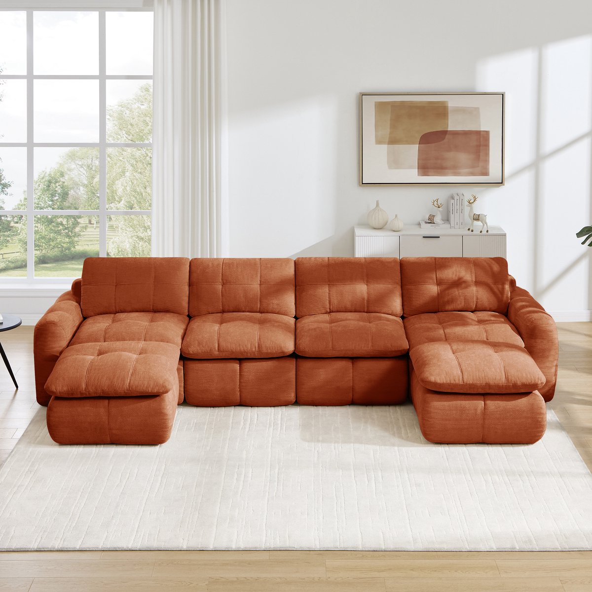 Intebiki Hoekbank - Chenille stof - Modulaire L-vormige zitbank - Geen montage nodig - inclusief 2 poef - oranje