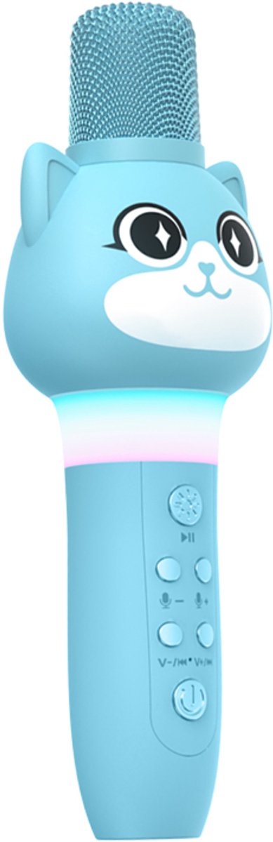 Kids Karaoke Microfoon – Kat Design – Bluetooth – 5W Speaker – Stemvervormer – Vocal Cut – TWS – RGB LED – Blauw K15