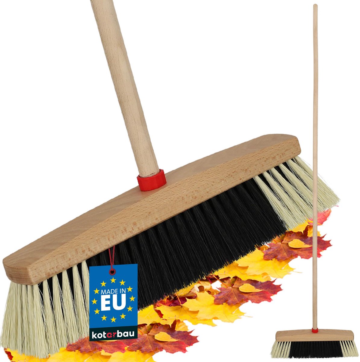 KOTARBAU® Straatbezem - Veegbezem - Tuinbezem - Buitenbezem 35 cm - met PET-borstelharen - Buitenbezem van Beukenhout - met Houten Steel - voor Binnen en Buiten - Zwart en Beige