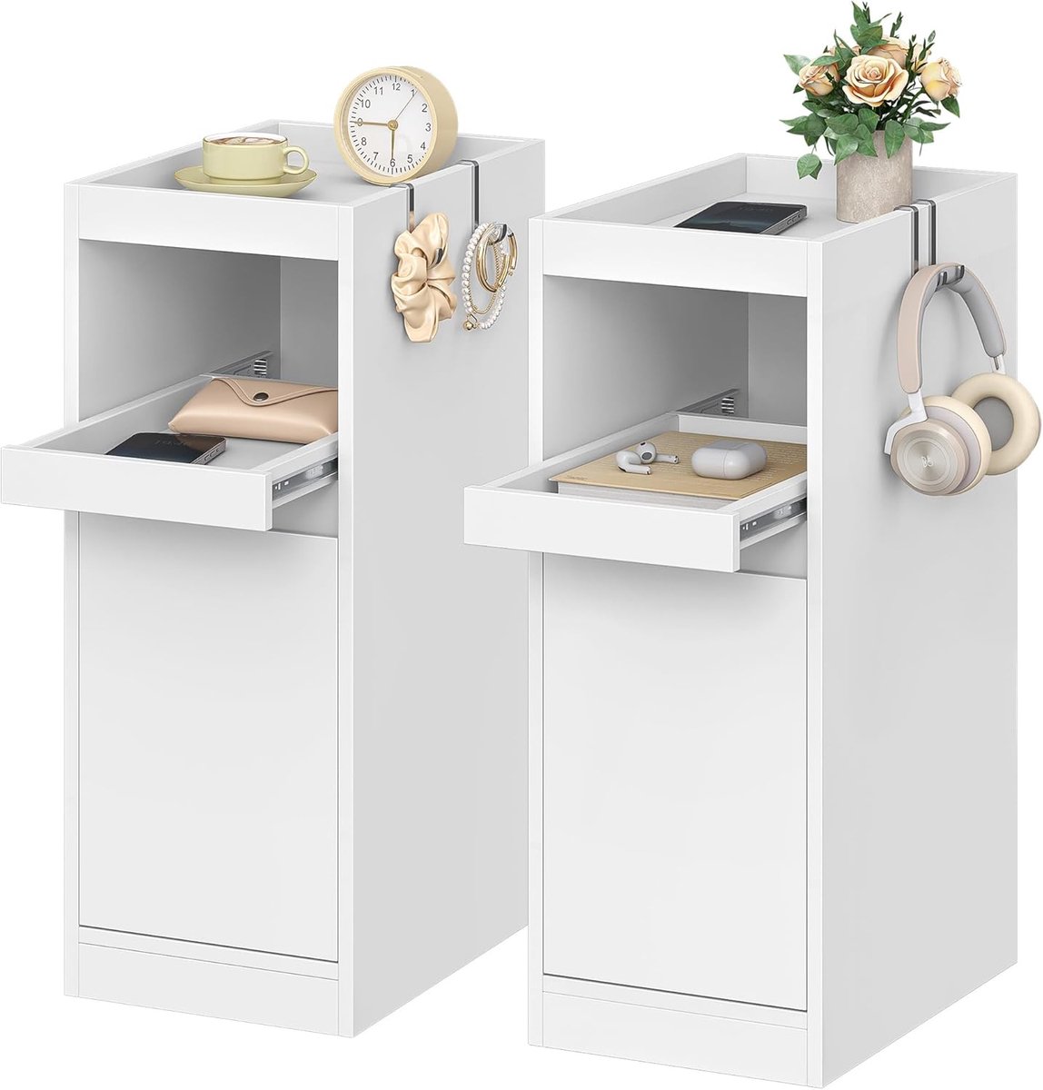Hzuaneri Smalle Nachtkastje, Set van 2, Klein Nachtkastje met Dienblad, Nachtkastje met 1 Deur, Bijzettafel met 2 Haken, voor Slaapkamers, Woonkamers, Modern, Wit, 35 × 24 × 64 cm