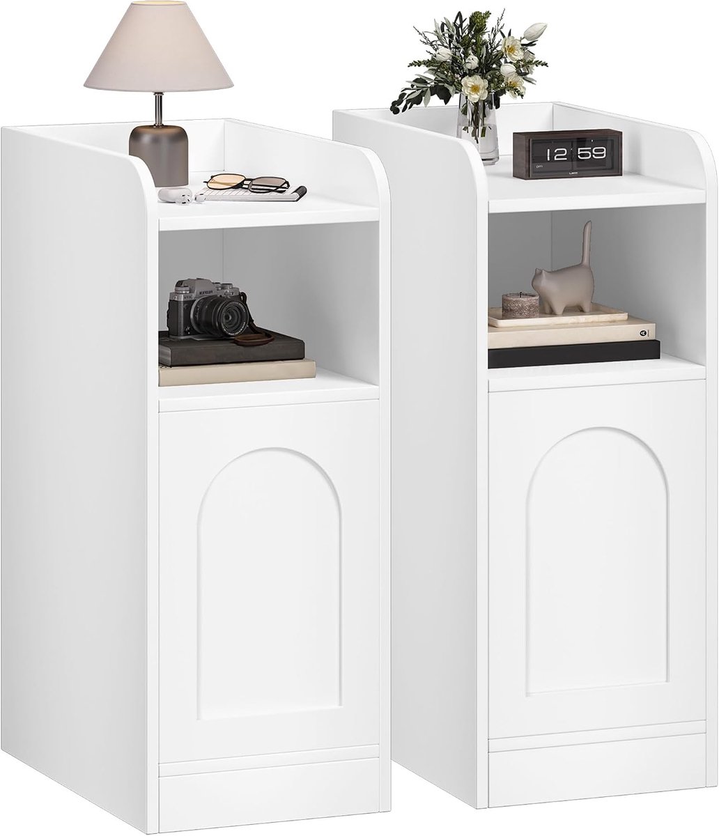 Hzuaneri Nachtkastje set van 2, smalle bijzettafel met 1 kastdeur, nachtkastje met open vak, omkeerbare deur, ruimtebesparend, geschikt voor slaapkamer, woonkamer, Wit