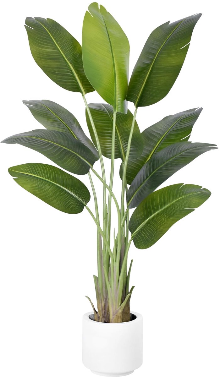 SnelShoppen - Kunstplant Vogel van Paradijs 150cm Groot - Nepplant voor Binnen en Buiten - Met Witte Pot en 10 Bananenbladeren - Perfect voor Woonkame