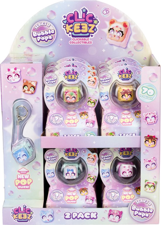 Display met 12 verpakkingen van 2 Clickeez Bubble Pops, met een regenboogkleurig design en afbeeldingen van schattige Clickeez figuurtjes.