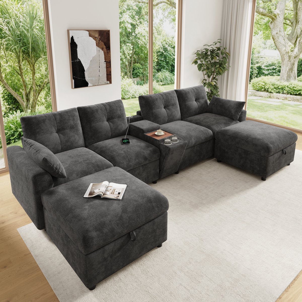 Moderne Hoekbank, U-Bank, 4-Zits bank, Modulaire Hoekbank, 6-Zits U/L-Vorm, 2 Opbergpoefs, Middenconsole Met Opbergvak, Uitklapbaar Opbergvak En Intrekbare Bekerhouders, USB- En Type-C-Aansluiting, Chenille-Grijs