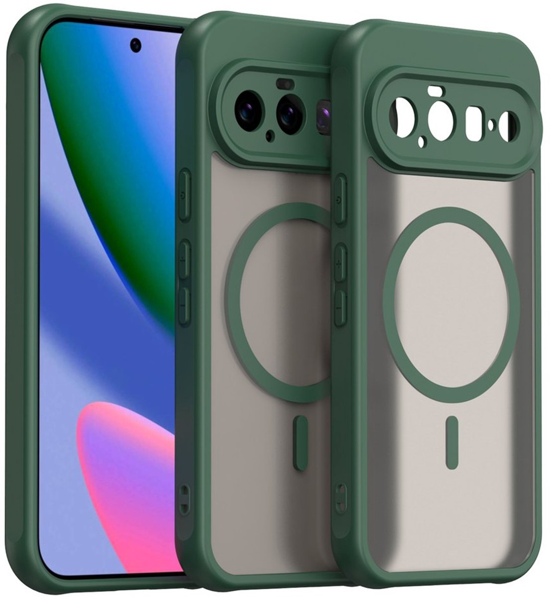 MobyDefend Hoesje - Geschikt voor Google Pixel 11 - Case Geschikt voor MagSafe - Mat Transparant Met Gekleurde Rand - Groen