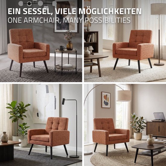 Collage van een oranje fauteuil in verschillende woonkamers.