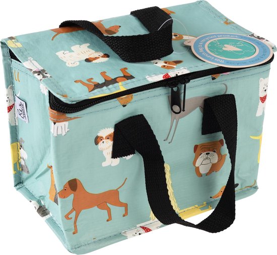 Sac isotherme bleu sarcelle avec imprimé de chiens, poignées et fermeture éclair noires.