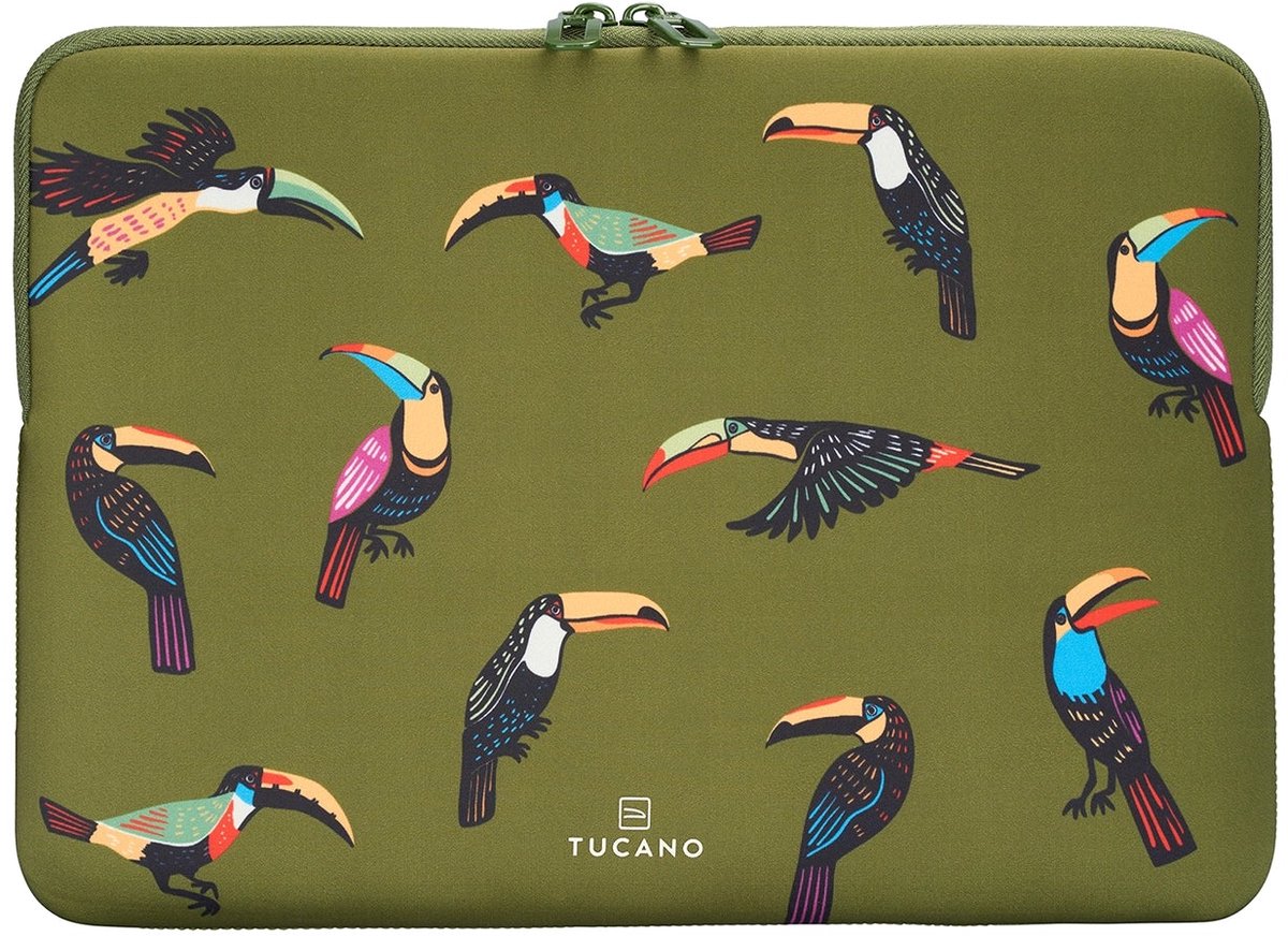 Tucano Tucani Sleeve MacBook 13 – Levendig Toekan-Thema Ontwerp – Handige Dubbele Ritssluiting – Anti-Slip Systeem voor Veilig Vervoer - Groen