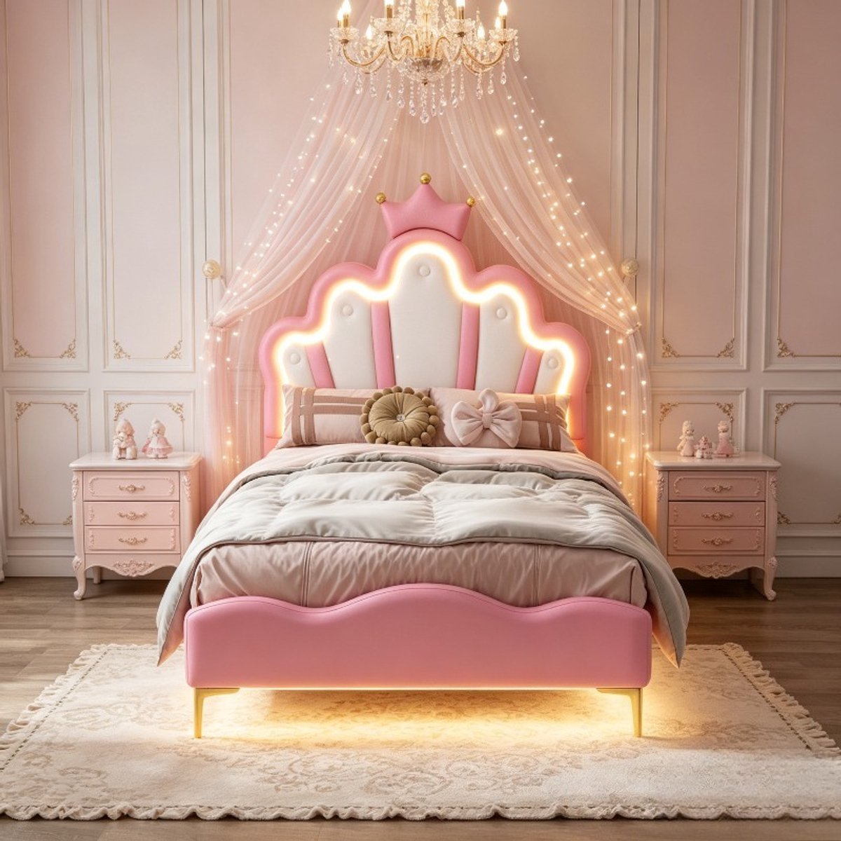 Kinderbed 90x200 cm, prinsessenbed met led verlichting aan hoofdbord en bedframe, zacht pu gestoffeerd bed met kroon hoofdbord, roze, zonder matras