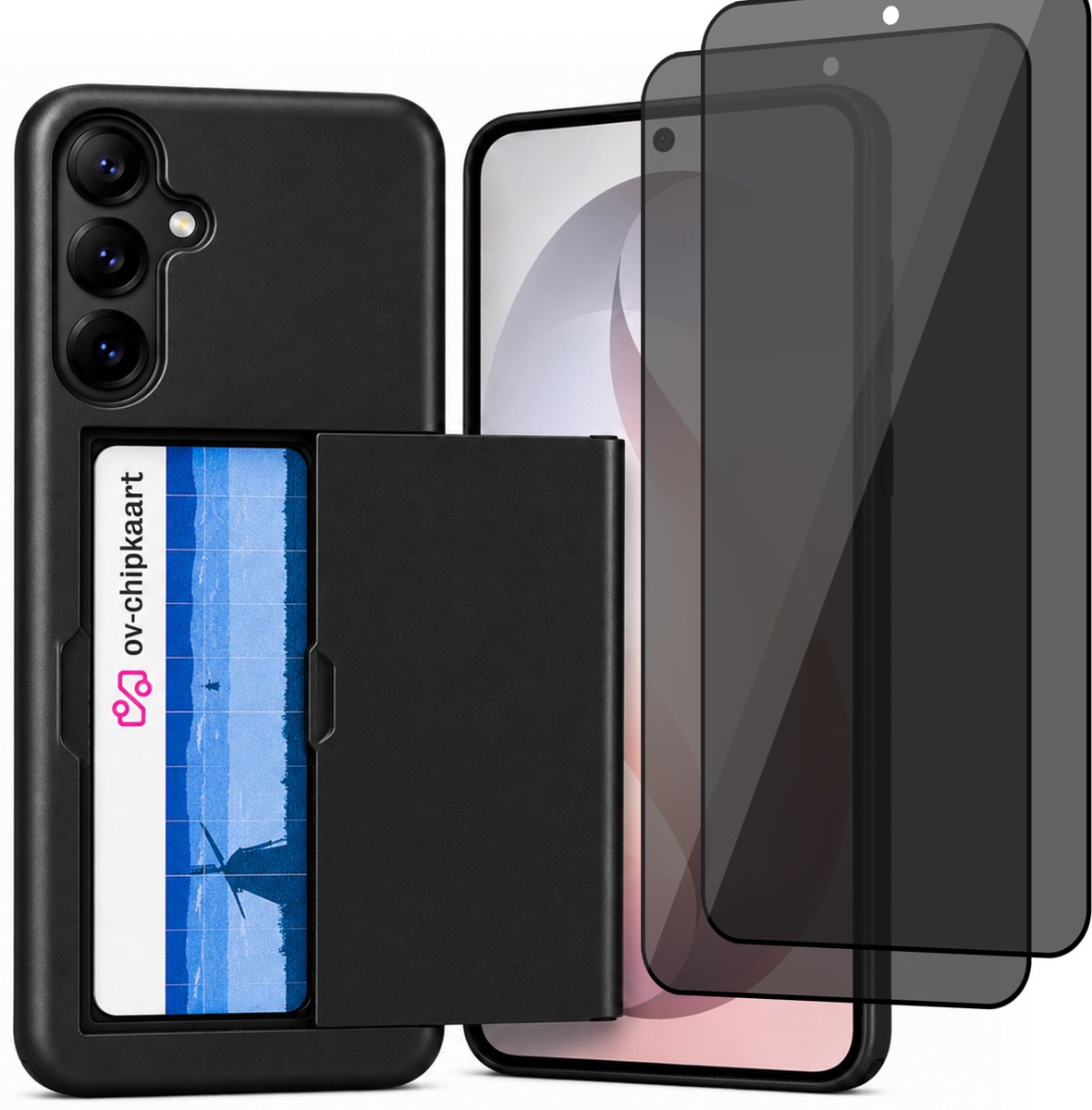 Hoesje met Pasjeshouder geschikt voor Samsung Galaxy S25 FE – Back Cover Slide Case – Zwart – 2 Stuks Privacy Screenprotector – Anti Inkijk
