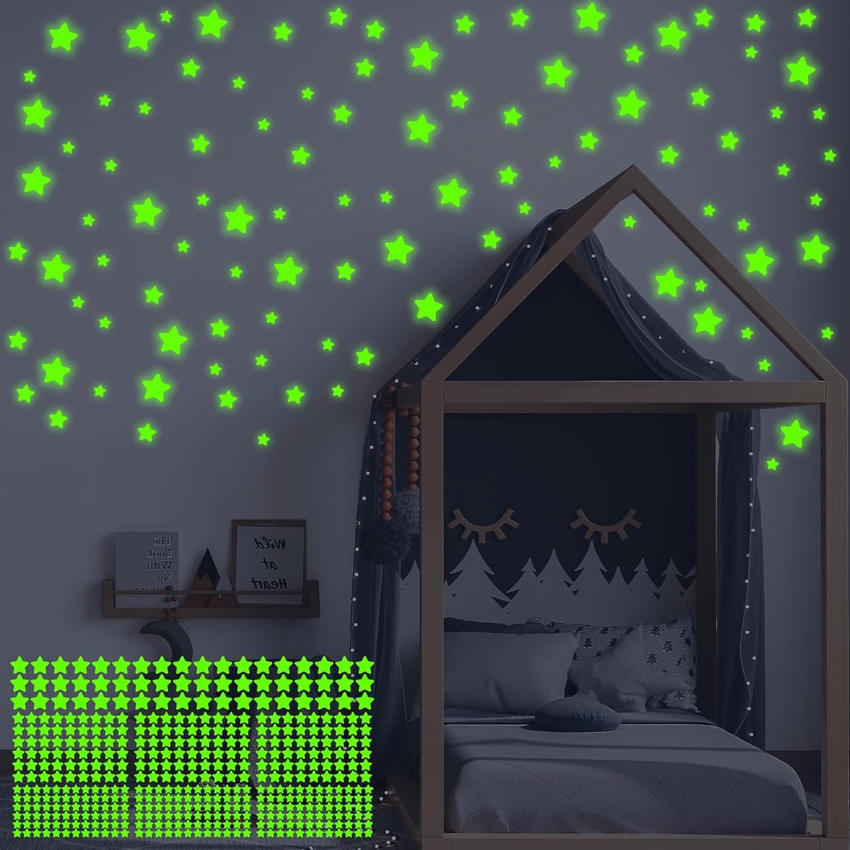 432PCS Lichtgevende Stickers, 3D Fluorescerende Sterren Plafonddecoratie, DIY Zelfklevende Gloeiende Sterren Muurstickers voor Baby's Slaapkamer, Kinderkamer, en Woonkamer Decoratie (Groen)