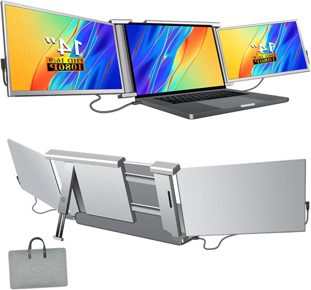 Dubbel Laptopscherm - Draagbare Monitor - Multitasken Onderweg - Full HD IPS Display - 14 Inch - Grijs