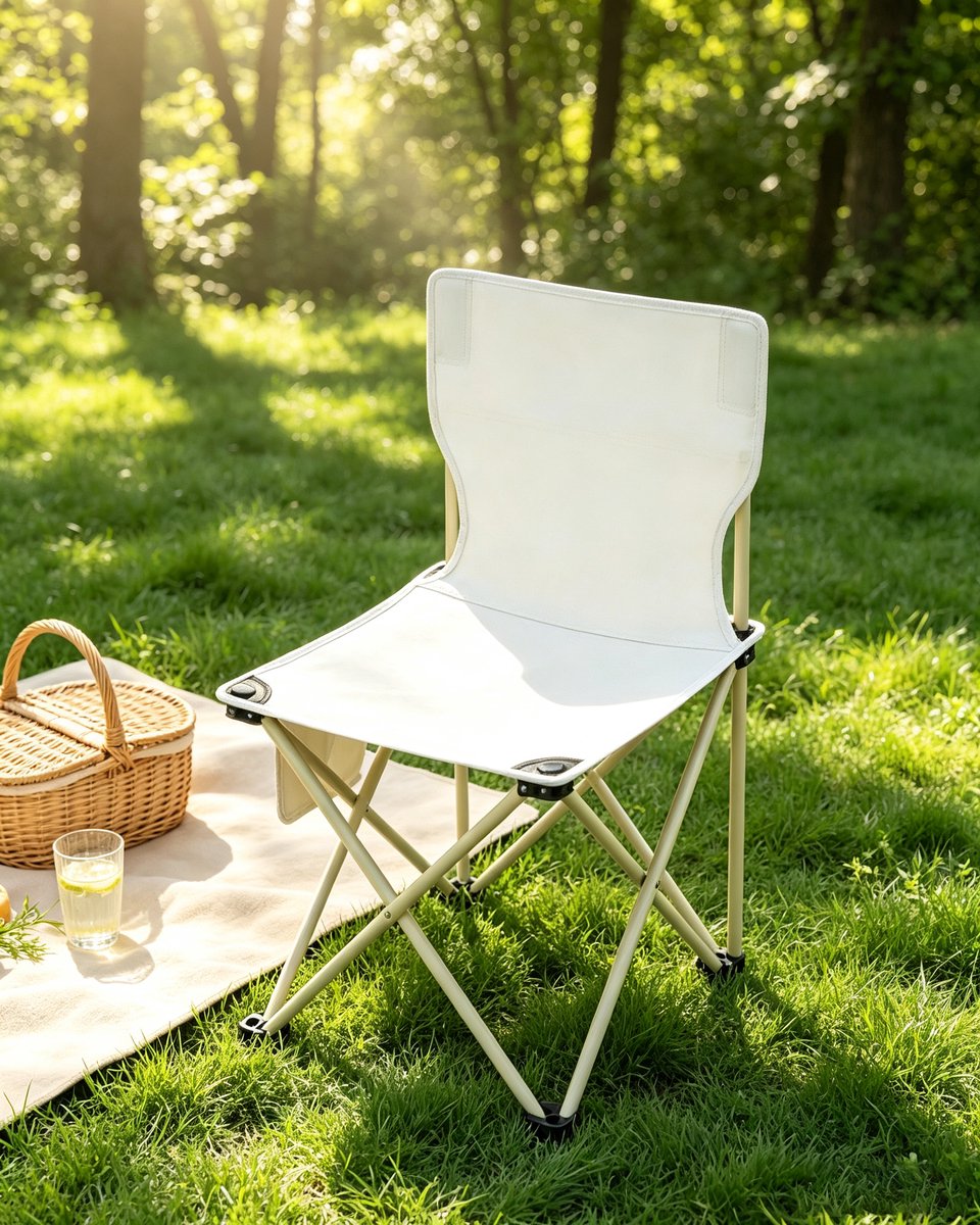 Off-white extra grote (39x39 cm) opvouwbare campingstoel – geschikt voor schetsen kamperen vissen en gebruik in de tuin – voorzien van een zijvak