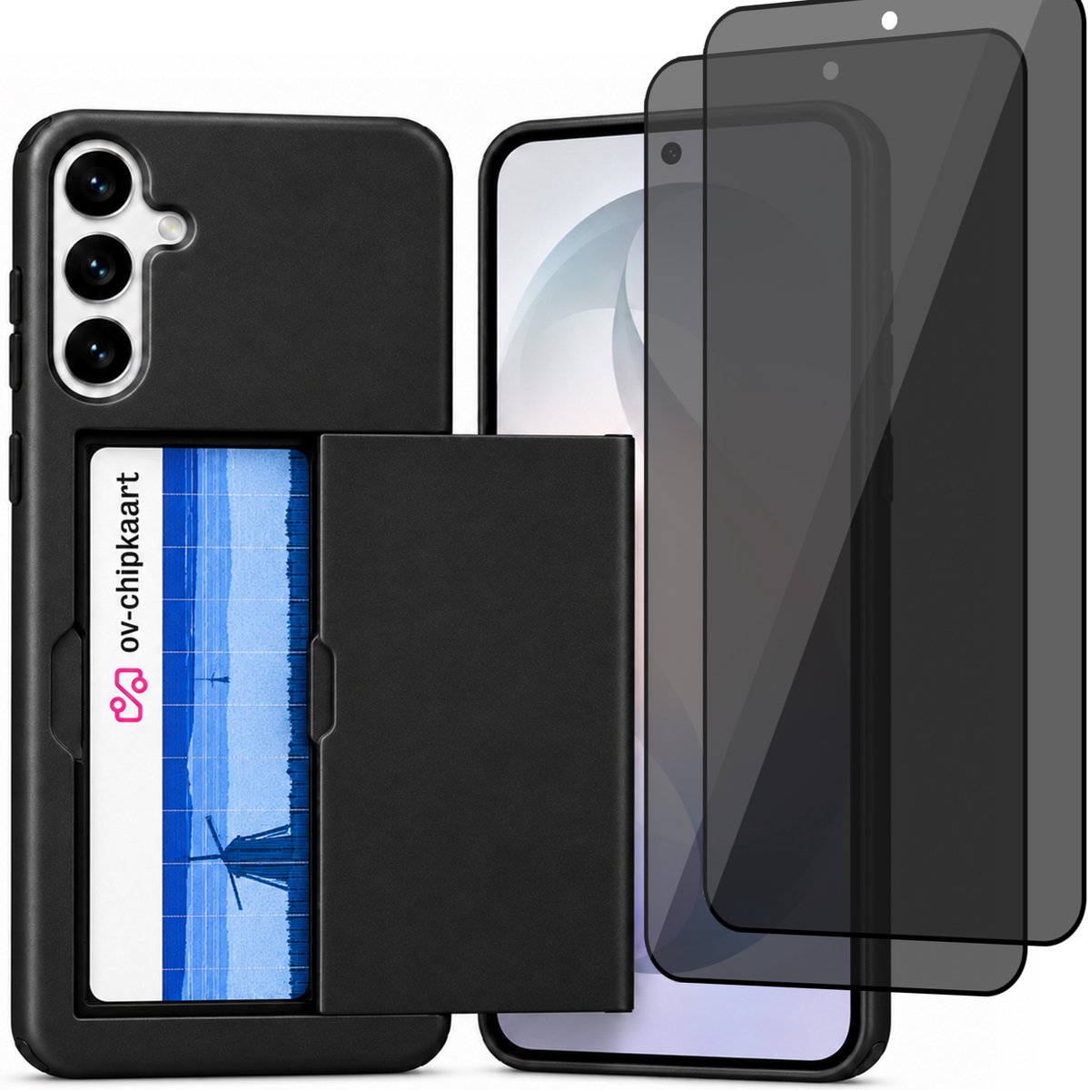 Hoesje met Pasjeshouder geschikt voor Samsung Galaxy S26 Plus – Back Cover Slide Case – Zwart – 2 Stuks Privacy Screenprotector – Anti Inkijk