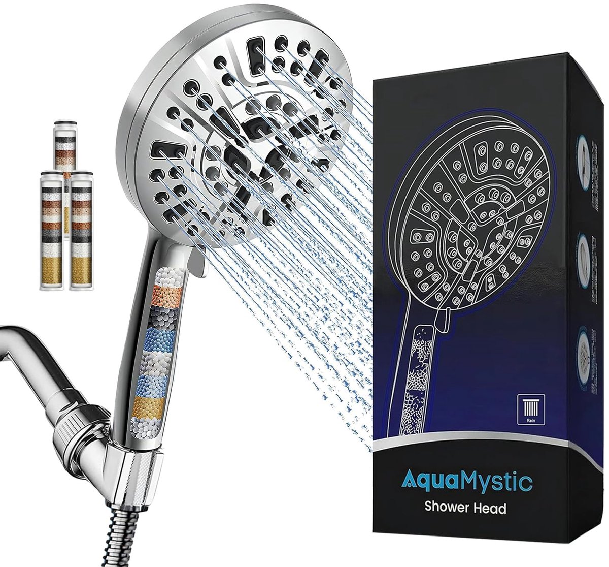 SnelShoppen - Luxe douchekopset met hogedruk-handdouche, 10 modi, hardwaterfilter, extra lange roestvrijstalen slang en wandbeugel, inclusief 2 filter
