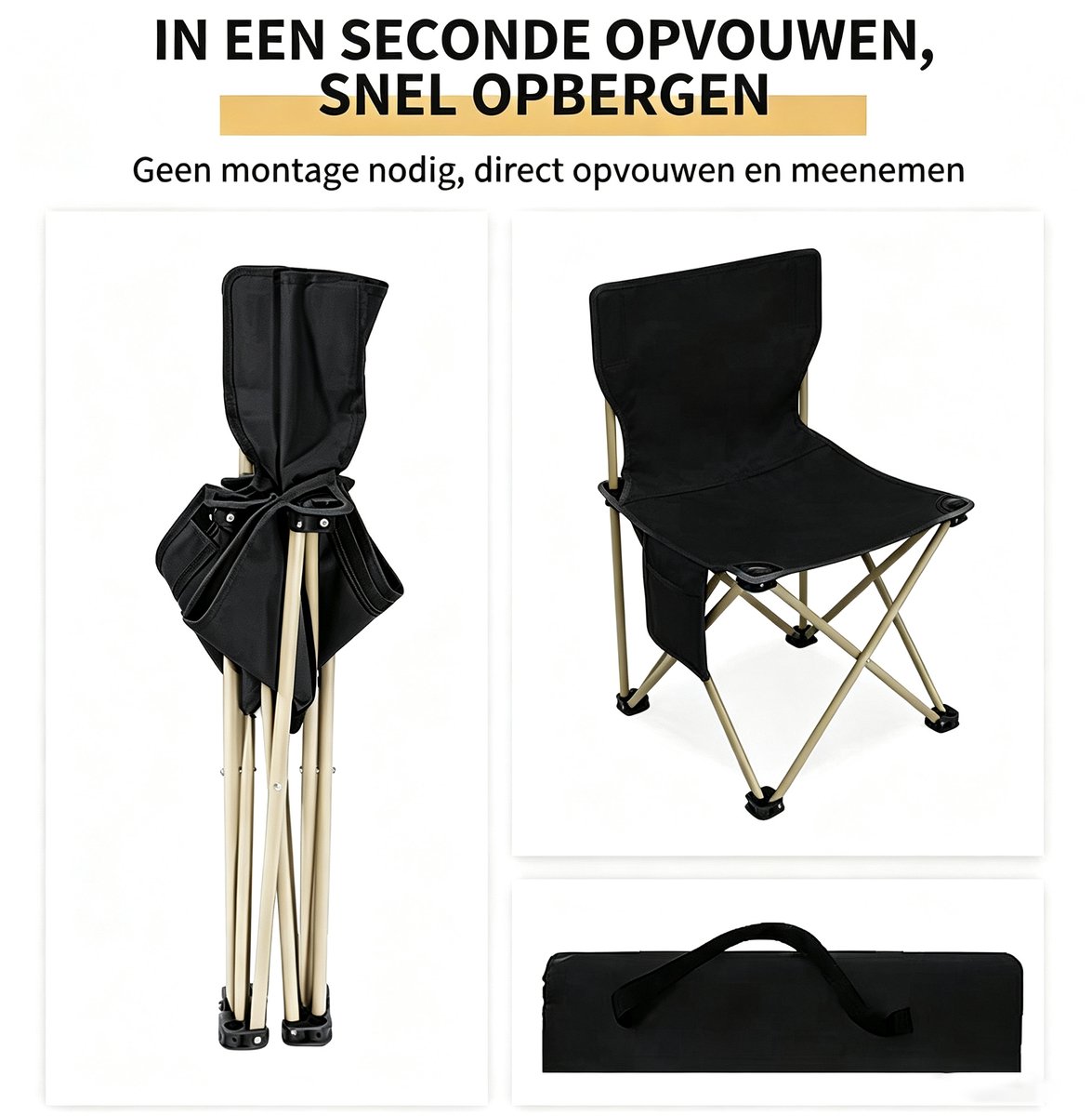 Zwarte extra grote (39x39 cm) opvouwbare campingstoel – ook geschikt om op te schetsen – voorzien van een zijvak een draagbare opvouwbare stoel die ideaal is voor kamperen vissen en gebruik in de tuin — cadeau in Sport & Outdoor - foto 3