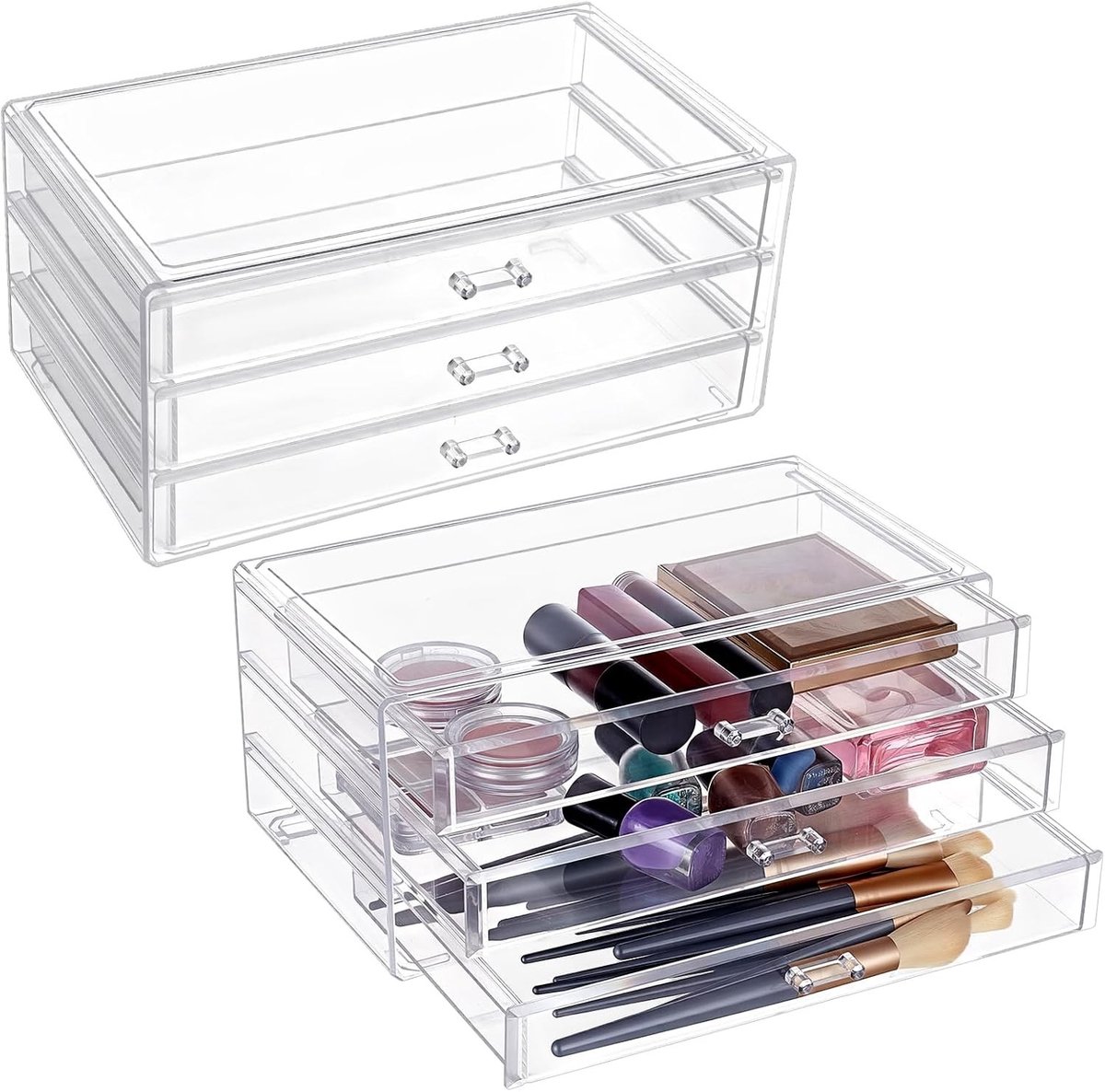 Set van 2 sieradenorganisers met 3 lades, transparante plastic opbergdoos voor sieraden, make-up en badkameraccessoires, 23 x 13,5 x 10,5 cm