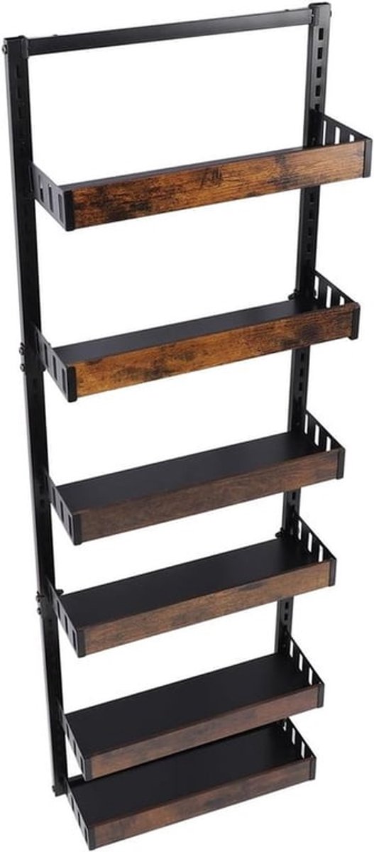 Specerijenrek wandmontage keukenrek met 6 niveaus, verstelbare hoogte, koolstofstaal en faux hout voor keuken, badkamer en eetkamer