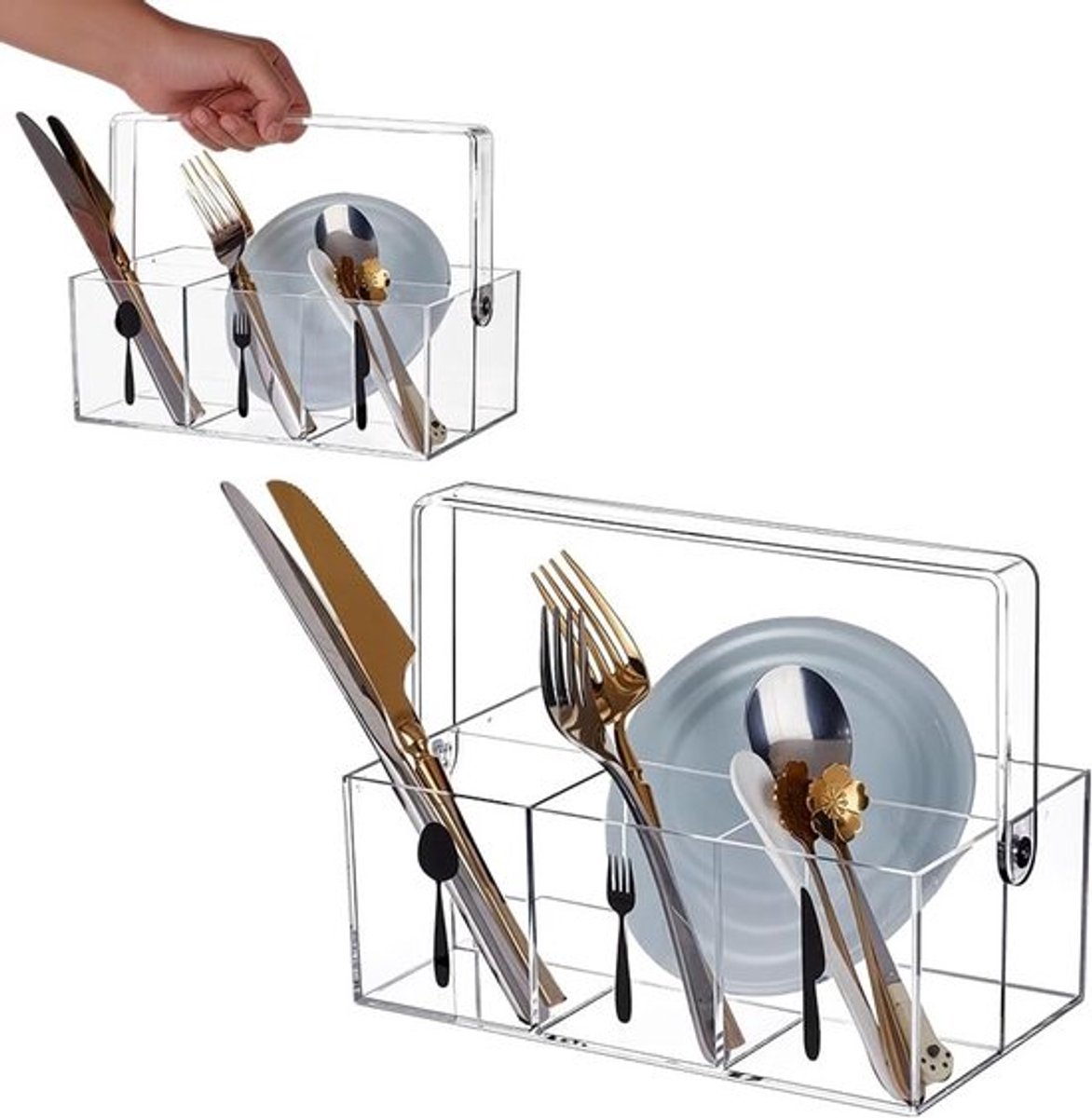 Acryl bestekopberger met handvat en 4 vakken voor keuken, picknick en feest, 13.5 cm, ideaal voor organisatie en opberging