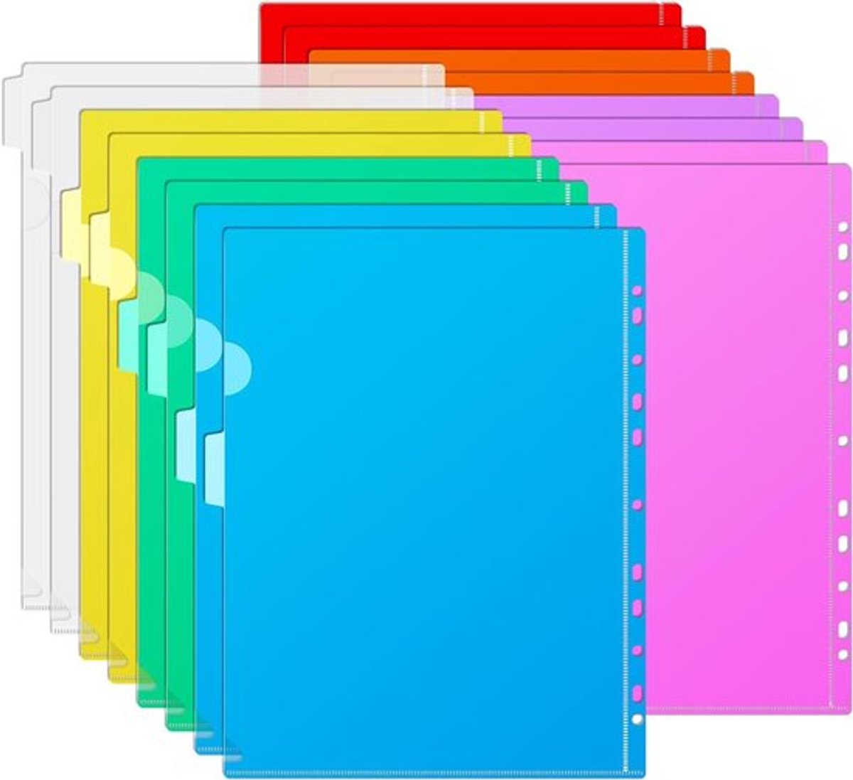 Set van 16 A4 Documenthoezen met Open Zijkant en Kleurrijke Index - Plastic Beschermhoezen voor Kantoor en School, Transparante Films in 8 Kleuren, Geschikt voor Archivering en Organisatie