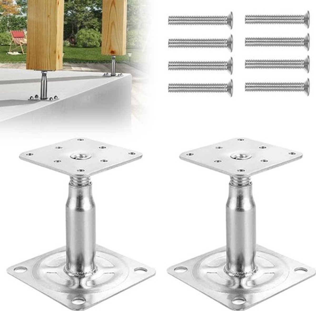 Verstelbare postsupport voor bevestiging, hoogte 100-130 mm, 2 stuks, inclusief 8 verzinkte schroeven, ideaal voor tuinprojecten en constructies
