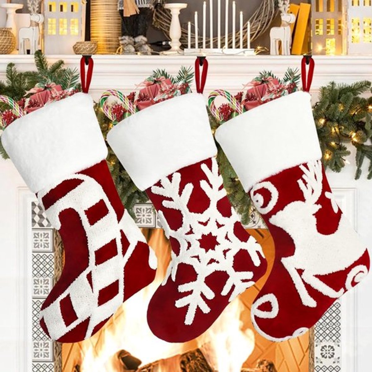 Set van 3 Grote Kerstkousen van 45 cm met Geborduurde Rendier en Sneeuwvlok voor Feestelijke Versieringen en Cadeaus tijdens de Kerstvakantie