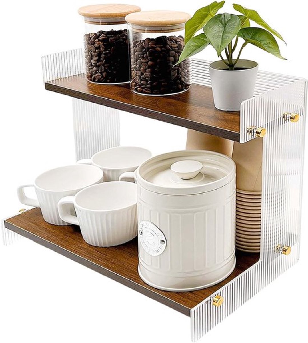 Acryl en Hout Koffiestation met Verhoogde Randen, 2-Tier Koffiebar Organizer voor Keuken, Stabiele Basis en Elegante Notenhout Look