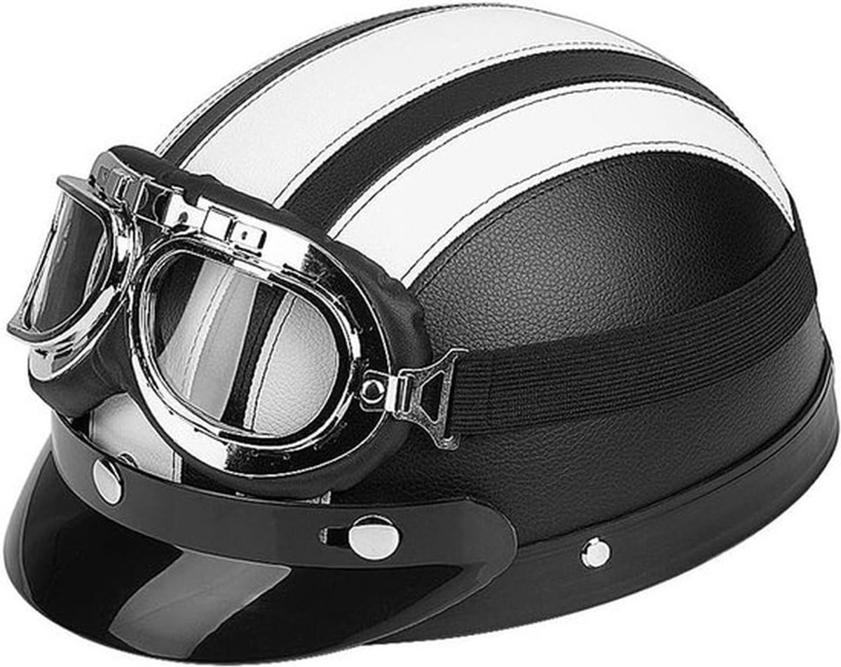 Half Open Motorhelm 54-60 cm van Leer met Zacht Binnenvoering en Duurzame Bril, Wit en Veiligheidskenmerken