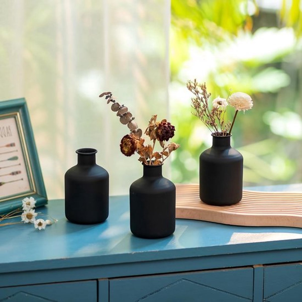 Set van 3 Zwarte Mini Vazen - Decoratieve Cilindervazen voor Droogbloemen, Modern Design voor Woonkamer, Eettafel en Badkamer Decoratie