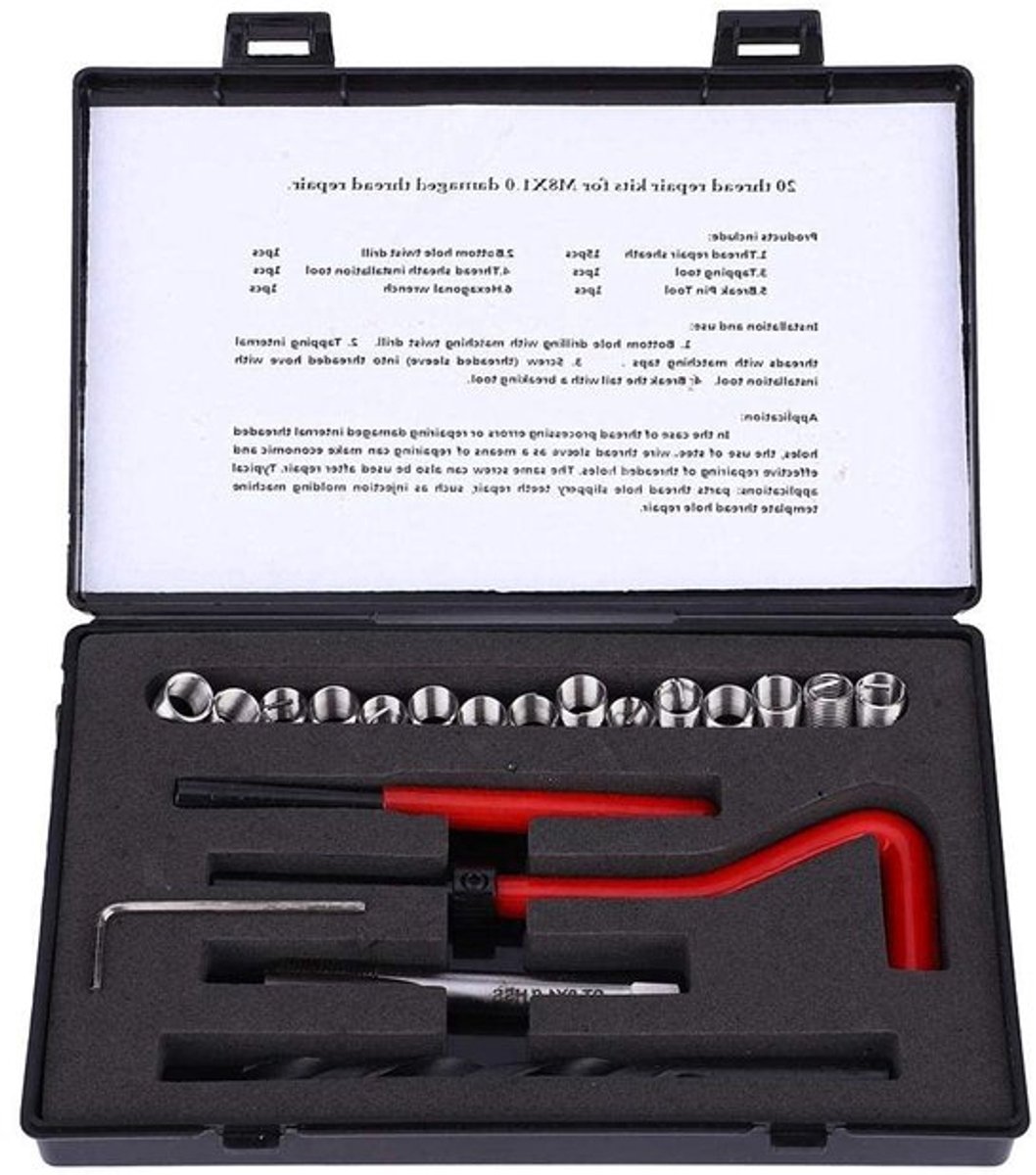 Draadreparatieset M8x1 van roestvrij staal met boor en interne draadreparatiesleuven voor duurzame oplossingen