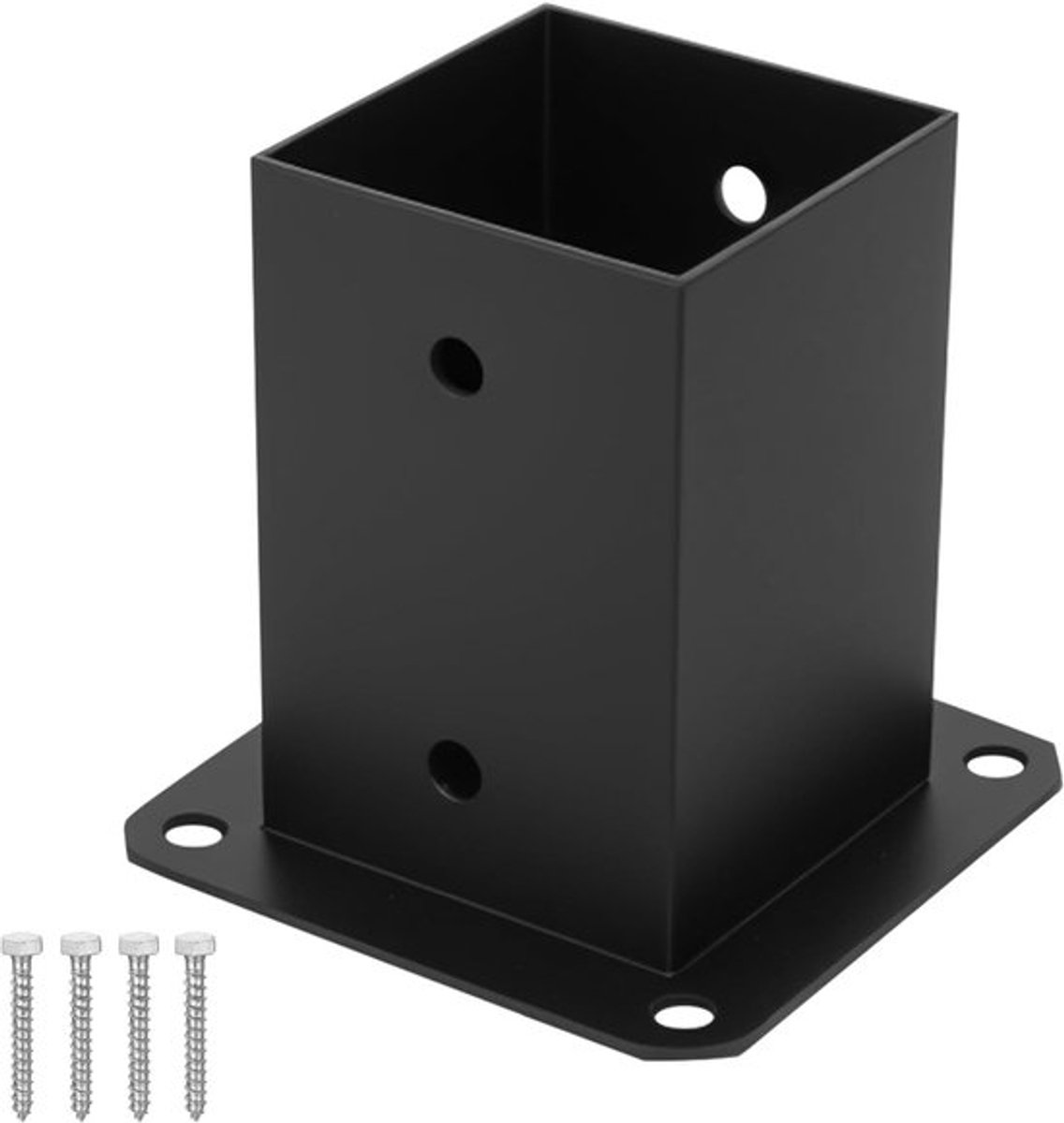 Poststeunen voor vierkante houten palen 100 x 100 mm, inclusief schroefmof en bevestigingsplaat voor stevige omheining en constructies.