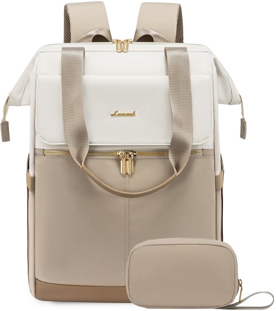 Gouden 'Namajunas' logo op crèmewitte klep van beige en crèmewitte rugzak, met beige toilettas.
