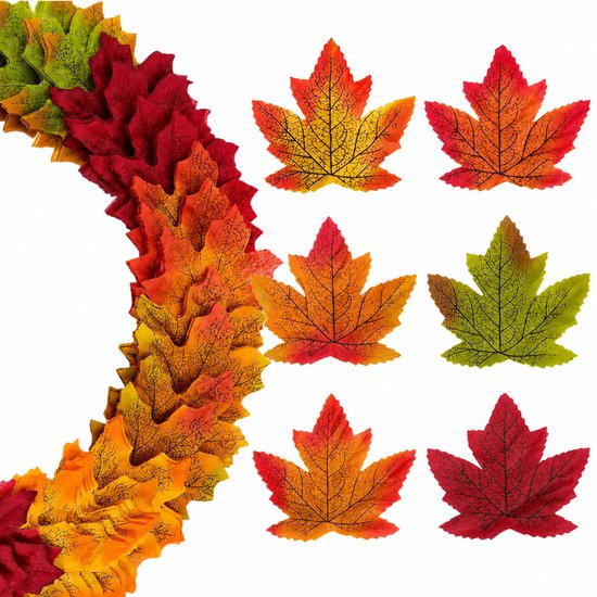 Veel decoratieve herfstbladeren in diverse warme kleuren op een witte achtergrond, met een paar losse bladeren.