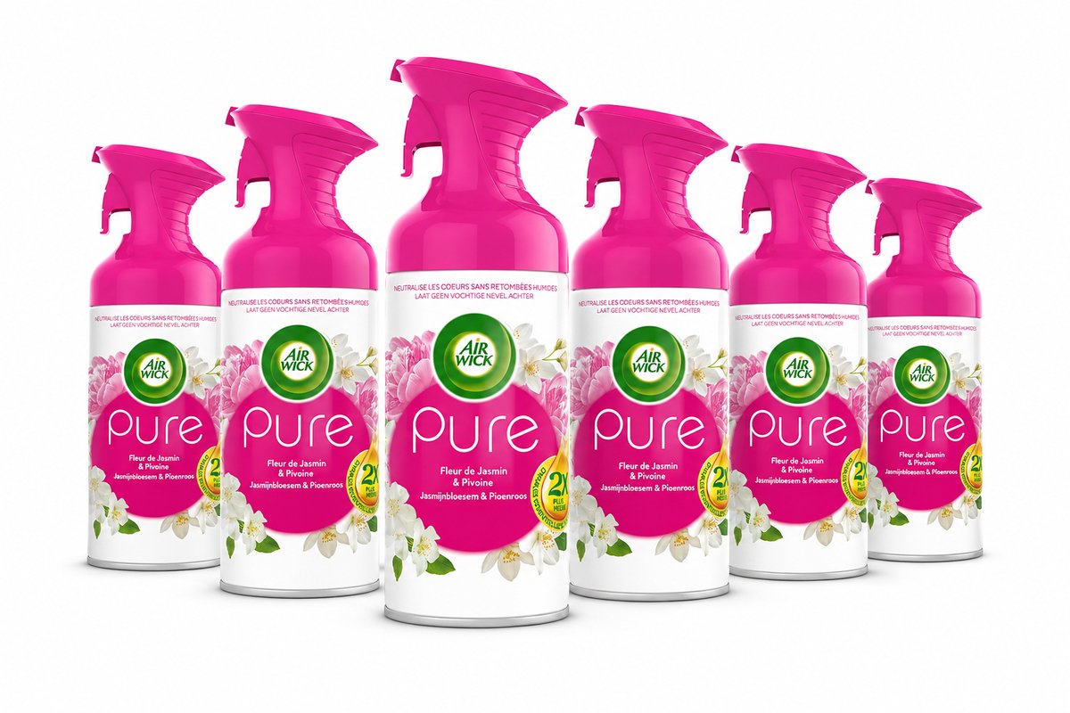 Air Wick Pure Jasmijnbloesem & Pioenroos Luchtverfrisser Spray – 6 x 250 ml – Neutraliseert Geuren – Voordeelverpakking