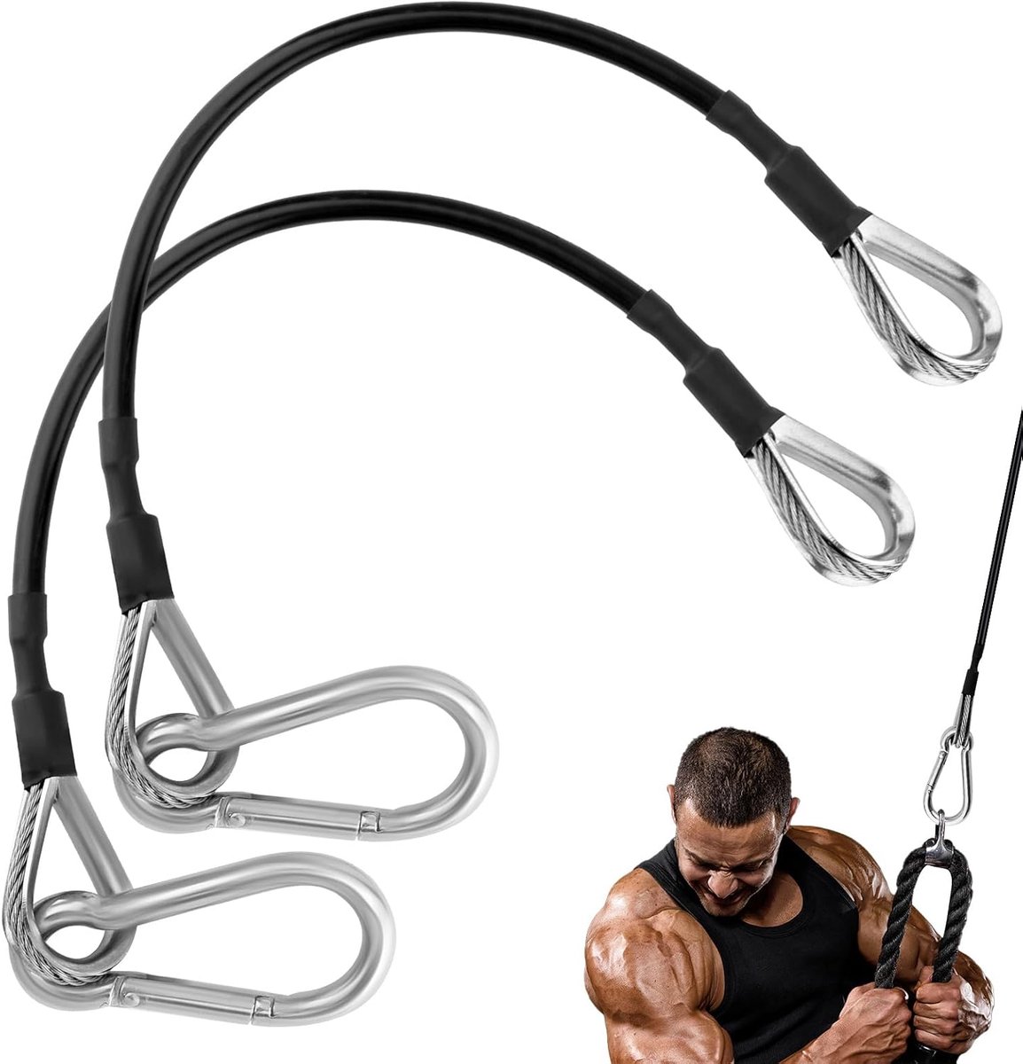 SnelShoppen - 2 Stuks Sport Kabelverlenging met Karabiners, 10 Inch Stevige Fitness Touw Bevestigingen, Vervangingskabels, Geschikt voor Thuis Gym Toe