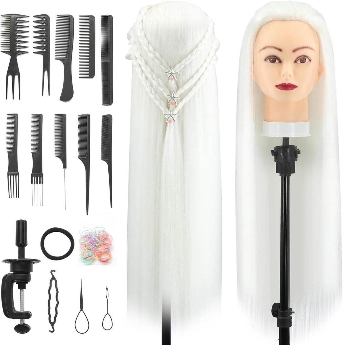 Oefenhoofd Haar - Kapperskop Synthetisch - Haar Stijlen Oefenen - Inclusief Klem & Set - 70 cm Haar - Wit