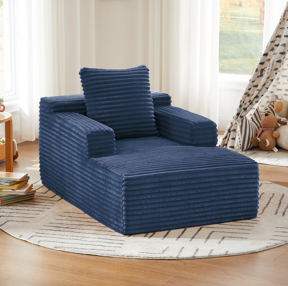 MIVRAY Chaise Longue 117 x 81 x 50 cm - Zonder Montage, Comfortabele 1-Zits Loungesofa Voor Woonkamer of Kantoor - Ribstof Blauw