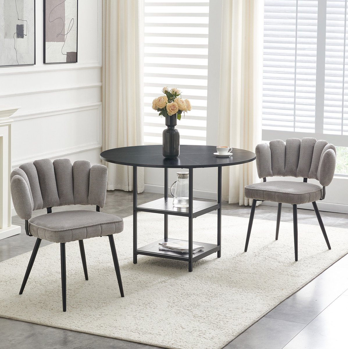 REDOM - Set tafel en stoelen - Ronde eettafel met dubbele opberglagen - Industriële stijl - Voor kleine woningen - Hout - Zwart en Grijs - 107 cm