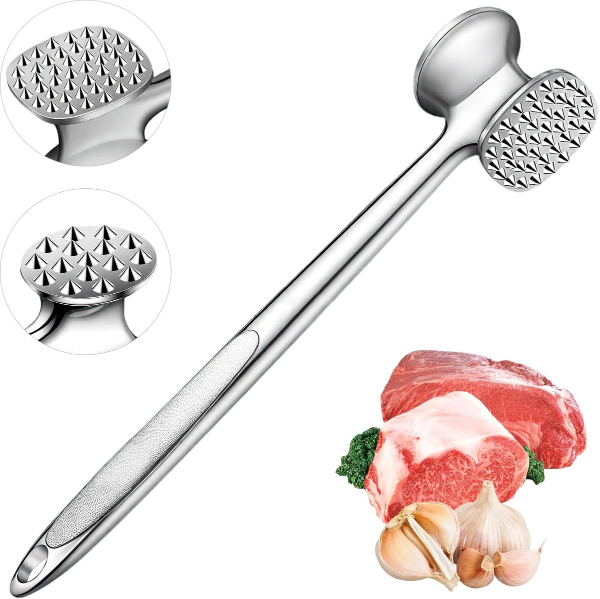 Meat Beater Stainless Steel Meat Hammer Double-Sided Meat Hammer with Non-Slip Handle Non-Stick Schnitzel Beater 24.5 - ShopVlot