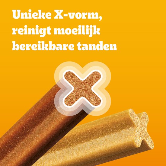 Twee X-vormige Dentastix kauwstaven op gele achtergrond. "Unieke X-vorm, reinigt moeilijk bereikbare tanden."